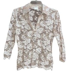 Vtg CACHE M Y2k Nude Stretchy Sexy Floral Lace Collared Top